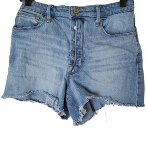 Good American Women's Button Fly Cutoff Jean Shorts Stretch Denim Raw Hem Jhorts